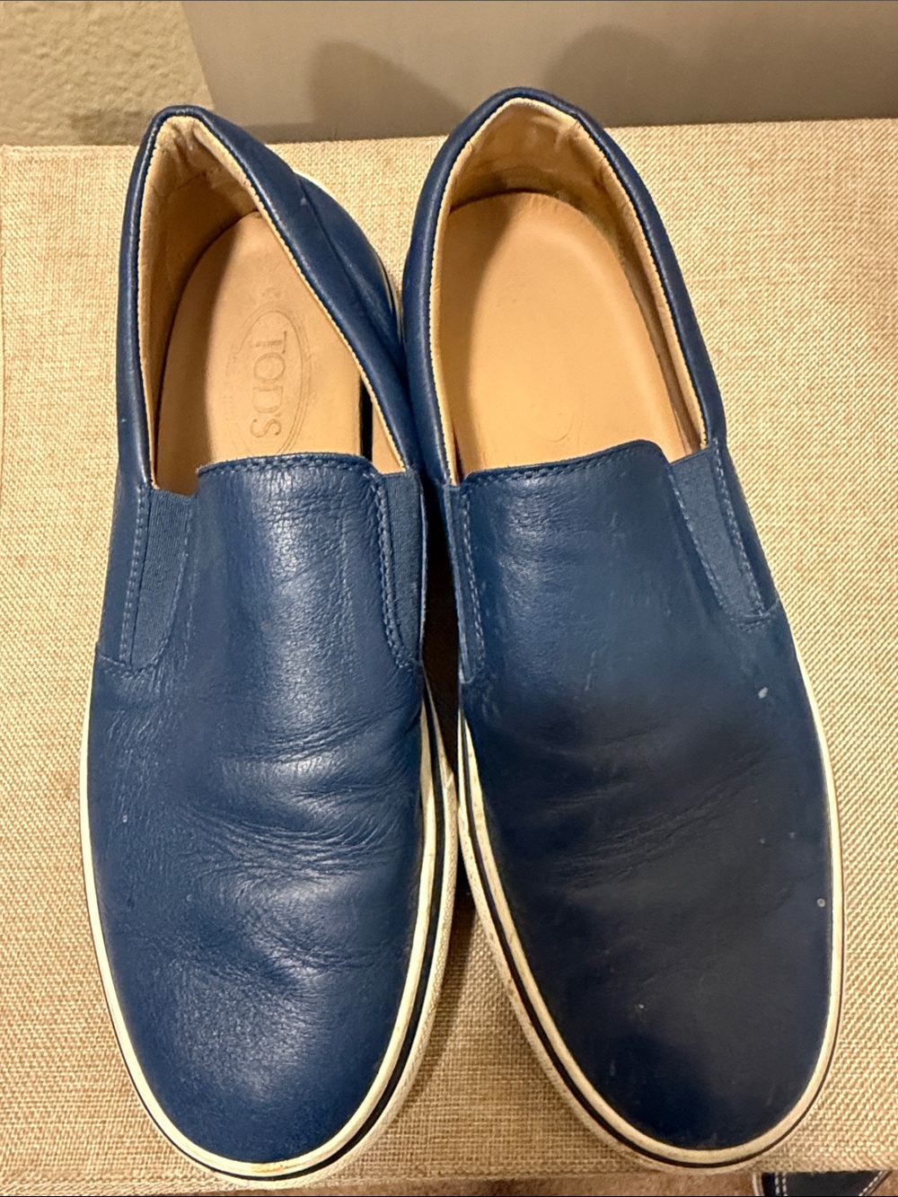 Tod's Blue Leather Slip-On Loafers with White Sole